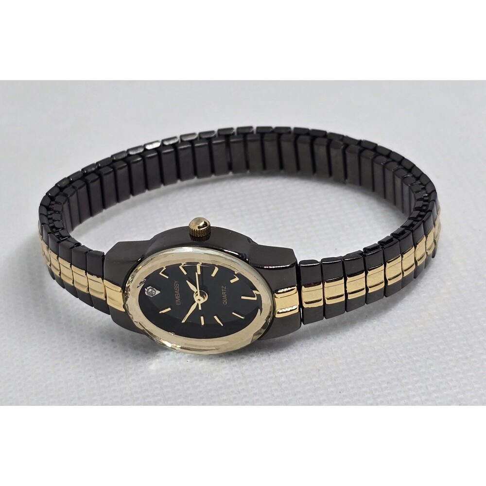 Woman's Embassy Elegant Petite Oval Black Gold Two Tone Expansion Watch 10 - Picture 6 of 8